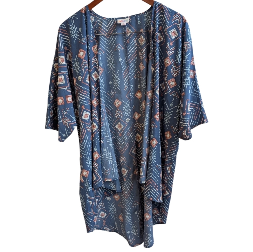 Lularoe Slate Blue Peach Abstract Print Lindsay Kimono Size Small